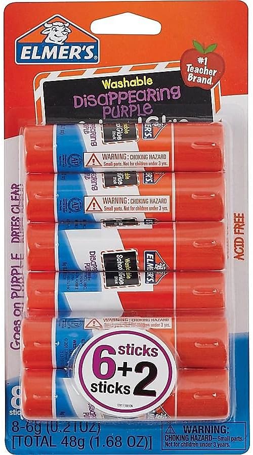 Elmer's Disappearing Purple School Glue Sticks, 0.21 oz Each, 8 Sticks per Pack