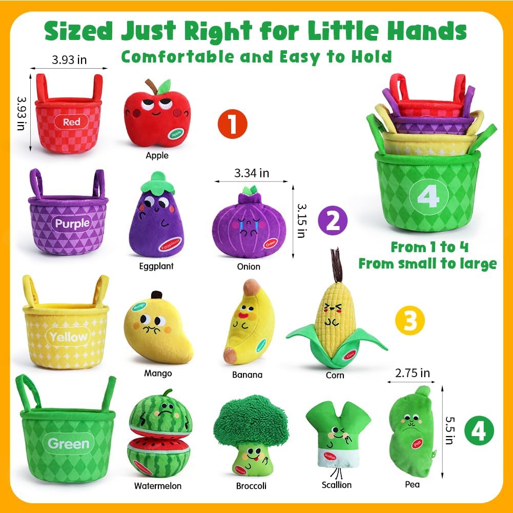 My First Fruit Vegetable Basket, 10 PCS Play Food for Toddler with Sorting Basket, Shapes Sensory Bean Bags, Baby Sensory Toys, Sorting Matching Playset, Soft Plush Stuffed Toys with Crinkle, Rattle