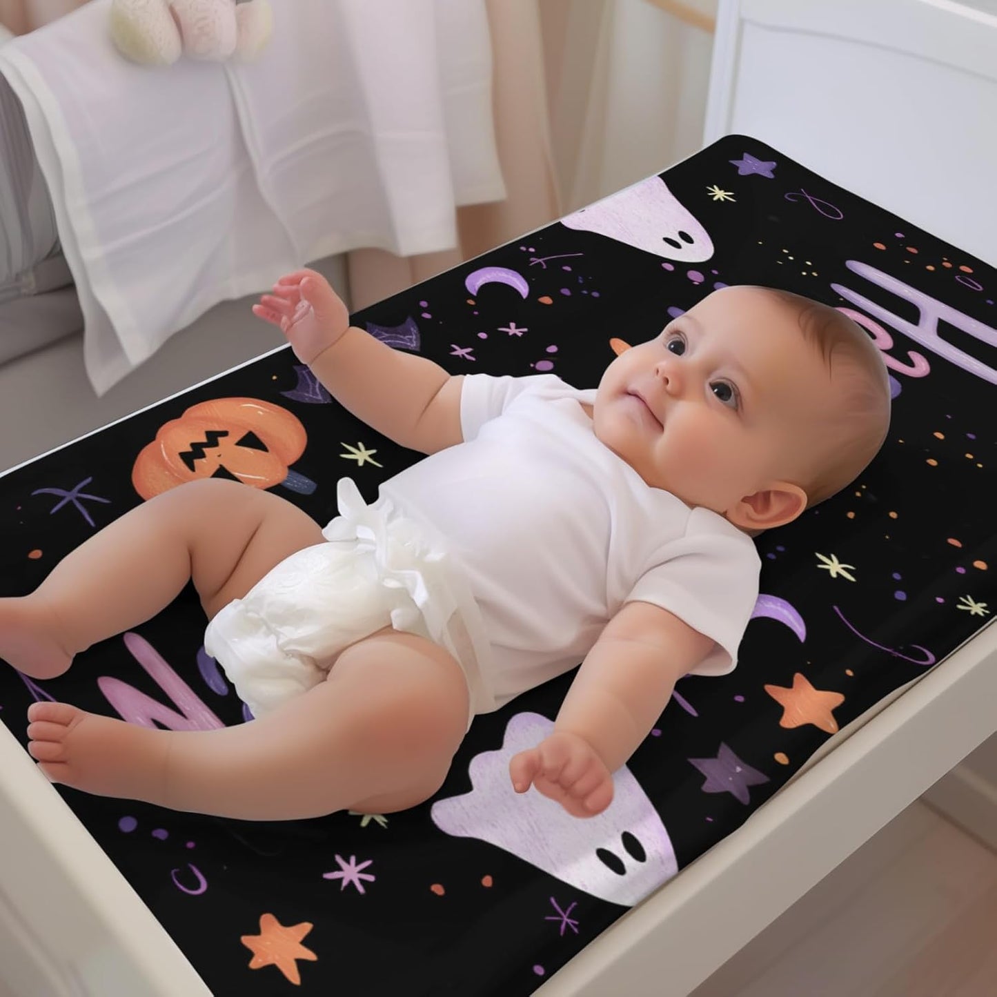 Halloween Pumpkin Bats Fall Holiday Moon Stars Pattern Baby Changing Pad Cover, Unisex Halloween Nursery Diaper Changing Table Pad Mat Sheet for Boys Girls-16x32