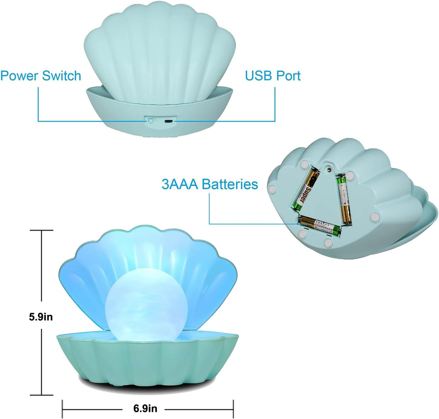 Shell Pearl Beach Themed Night Light, RGB 8 Colors Changing Mood Shell Pearl Lamps, Bedside LED Clamshell Portable Night Lights for Bar (Green)