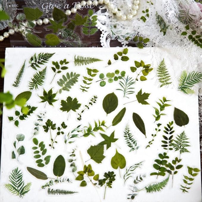 100Pcs Small Green Leaf Stickers, Obujopal Nature Plant Stickers Transparent