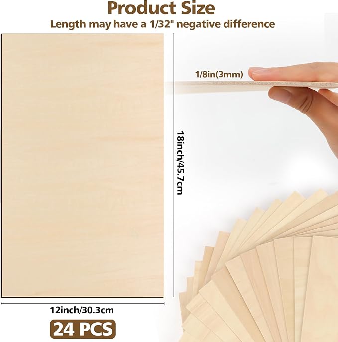 Adrattnay 24Pcs Large Basswood Sheets 12 x 18 x 1/8” - 3mm Plywood