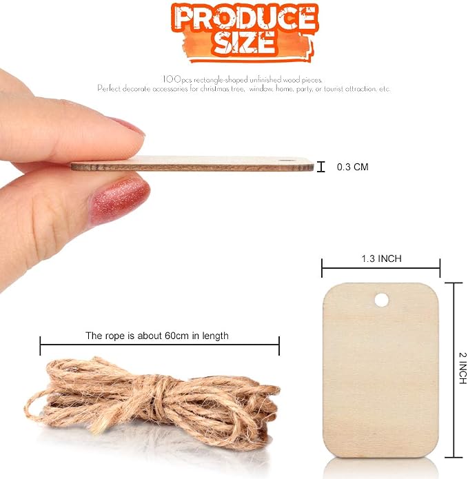100 Pcs Unfinished Wood Pieces Rectangle-Shaped, Light Wooden Cutout Natural