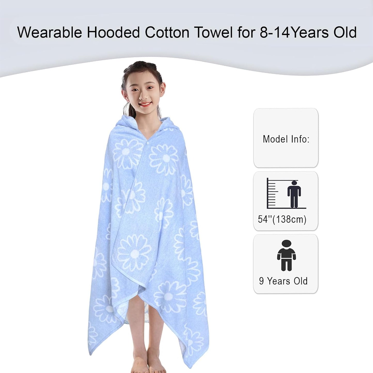 VOOVA & MOVAS Hooded Bath Towels for Teens/Big Kids (8-14 Years) | Soft Absorbent 100% Cotton Thick Towel Wrap | Versatile Beach, Pool, Swim & Bath Cover-Up | Jacquard Blue Daisy
