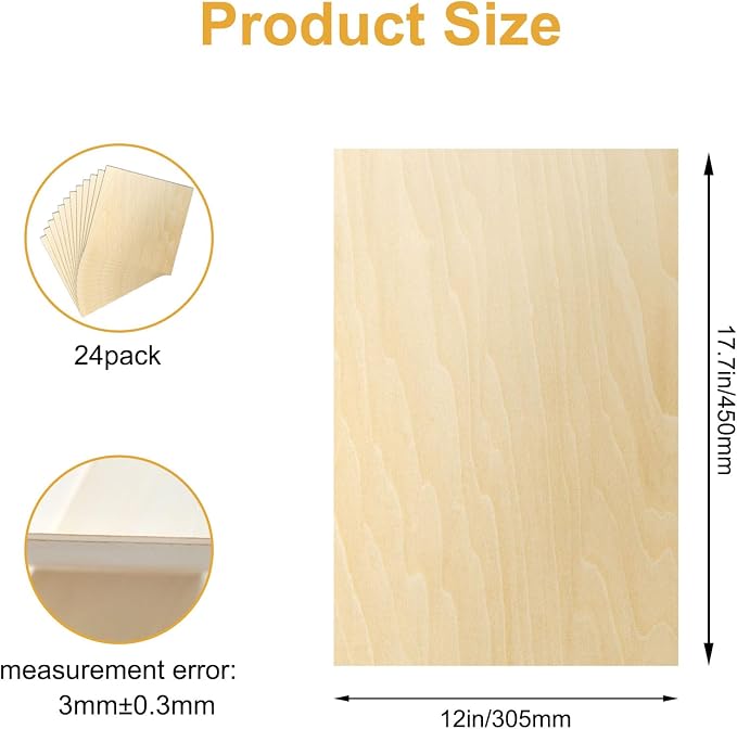 24 Pack Basswood Sheets 12x18x1/8 Inch, Balsa Wood Sheet, 3mm Plywood