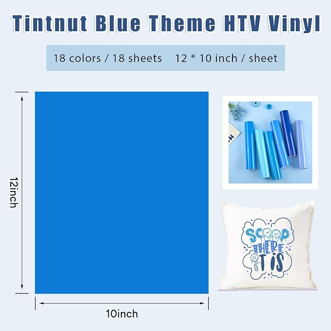 Tintnut Blue Heat Transfer Vinyl, 18 Sheets 12"x10" Iron on Vinyl | Blue tone