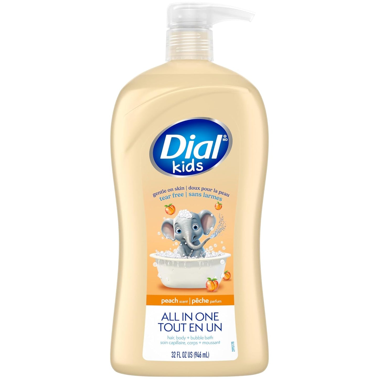 Dial Kids All-in-1 Body + Hair + Bubble Bath, Peach Scent, 32 Fl Oz, Hypoallergenic Body Wash & Shampoo, No Tears Formula for Kids 2+ Years, No Parabens & Silicones
