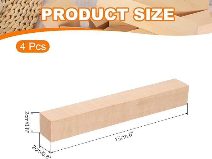 MECCANIXITY 4Pcs Basswood Carving Block, 0.8"x0.8"x6" Square Wooden Dowels