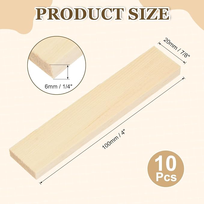 MECCANIXITY 10Pcs Wood Strips Slats, 1/4" x 7/8" x 4" Thin Wood Sticks Flat