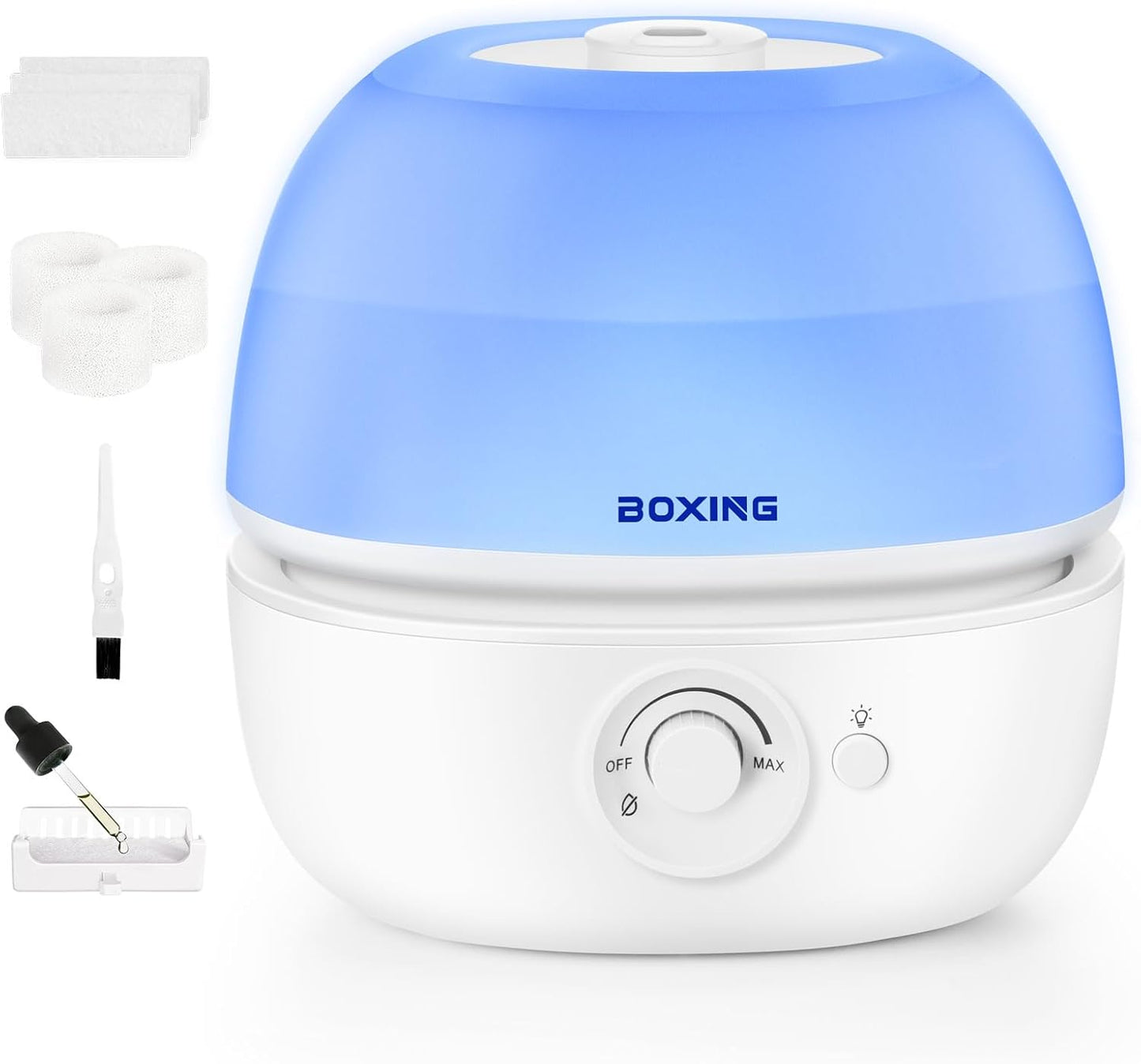 BOXING 3L Top Fill Humidifiers for Bedroom Baby, 20dB Quiet Air Humidifier for Large Room & Indoor Plants with Optional Night Light, Cool Mist Diffuser for Home, Essential Oil Tray, BPA-Free,White,30H