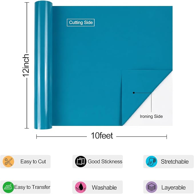 guangyintong Heat Transfer Vinyl Rolls 12" x 10ft, PU Peacock Blue HTV Vinyl