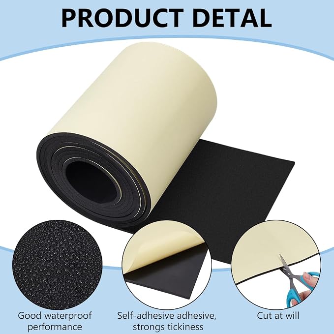 BENECREAT 118x8 Inch Black Self Adhesive EVA Foam Roll, 5mm Thick Waterproof