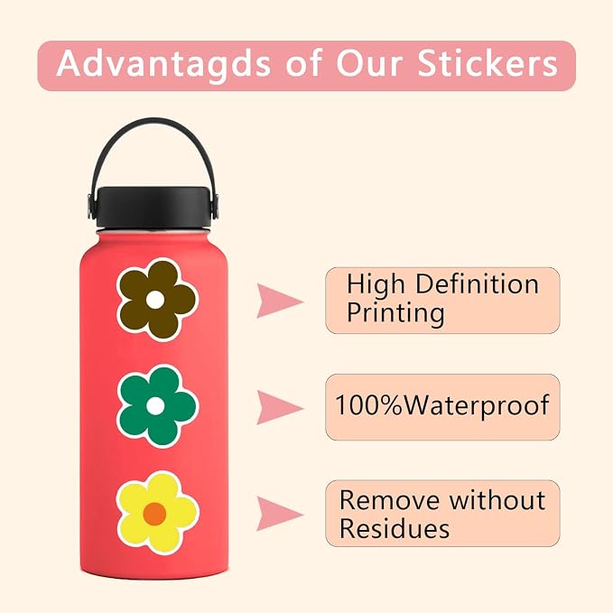62PCS Colorful Flower Stickers, Waterproof PVC Vinyl Cute Floral Decals