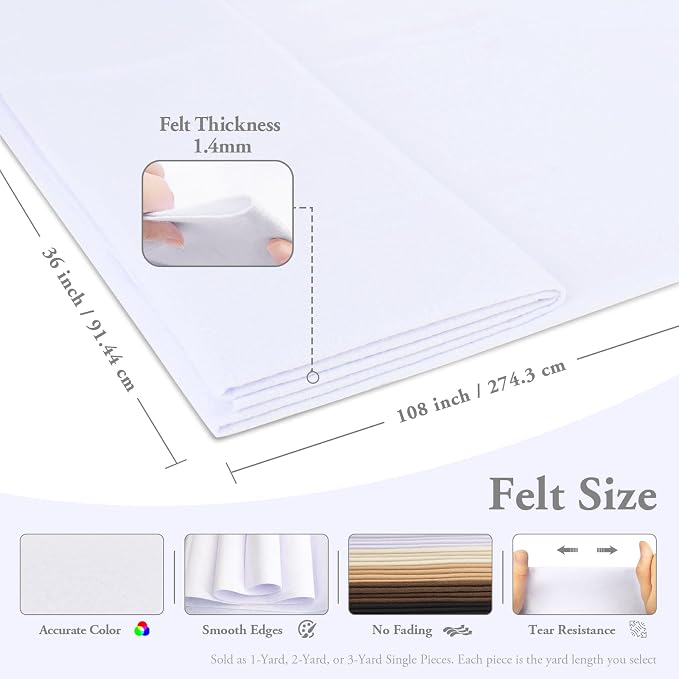 White Felt Fabric Sheet 108" X 36", 1.4mm Thick Large Soft Durable Flexible