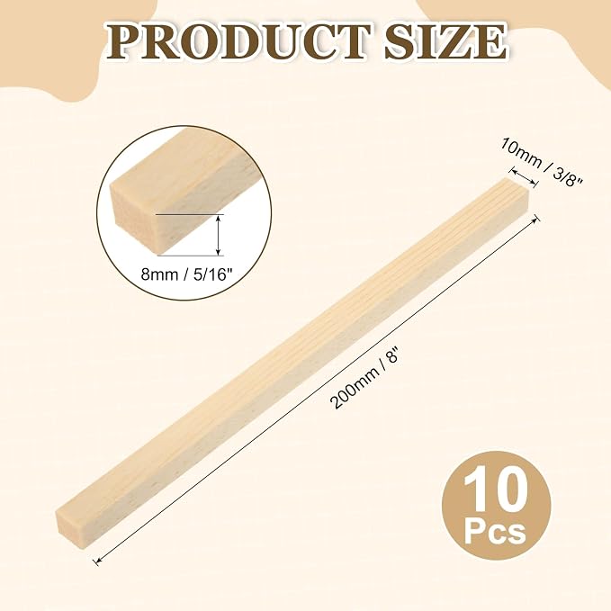 MECCANIXITY 10Pcs Wood Strips Slats, 5/16" x 3/8" x 8" Thin Wood Sticks Flat
