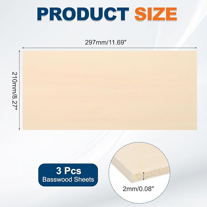 MECCANIXITY 3pcs Basswood Sheets 12 x 8.3 x 5/64 Inch Unfinished Wood Boards