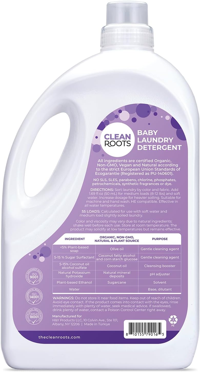 Baby Laundry Detergent, EcoGarantie Certified 100% Organic & Natural, Scent-Free & Hypoallergenic, Dermatologically Tested & Approved - 55 Loads, 92.9 fl. oz (2.75 L)