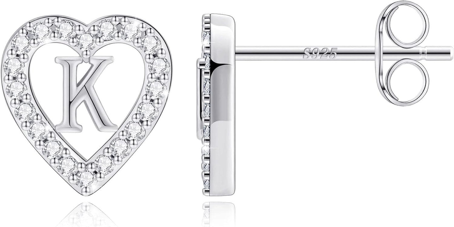 Anoup Christmas Gifts for Grandkids Girls Earrings - S925 Sterling Silver Post CZ Hypoallergenic Stud Heart Initial Earrings for Women Kids Jewelry Stocking Stuffers for Teen Girls Birthday Gifts