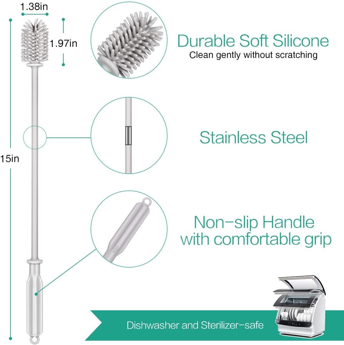 Silicone Bottle Brush,Bottle Cleaning Brush,Long Handle,Flexible and Bendable Kitchen Cleaner Brush for Narrow Neck Containers,Water Cup,Baby Bottles,Sports Bottle,Glassware