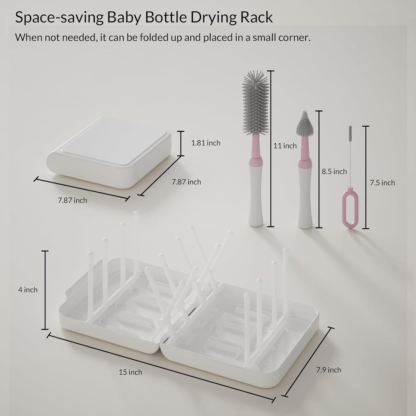 Portable Baby Bottle Brush Set with Multiple Brushes,Soap Dispenser, Foldable Bottle Drying Rack for 16 Bottles, Bottle Cleaner Brush Set for Bottles and Baby Accessories, Baby Travel Essential