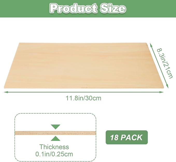18pcs 12 x 15.7 x 1/8 Inch Plywood Basswood Sheets, 3 mm Unfinished Plywood