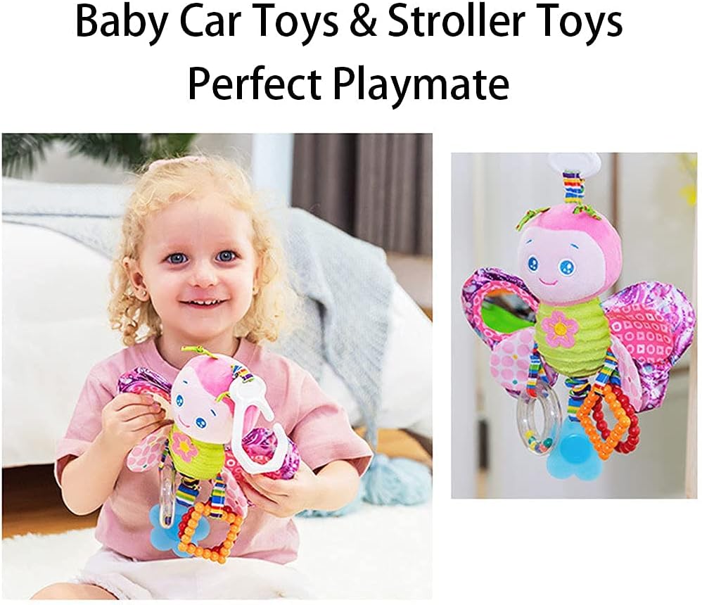 D-KINGCHY Baby Car Seat Stroller Plush Hanging Rattle Toys Newborn Crib Bed Around Toy with Teether Rattle Sound for 0-3 Years Old (Butterfly)