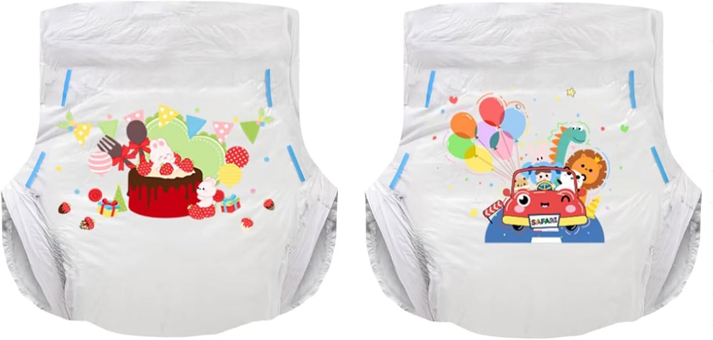 Landofgenie Adult Diapers with Tabs Unisex Overnight High Absorbency Diapers Pack of 2 (Medium 28"-38") - Bunny Party and Animal Amusement Park