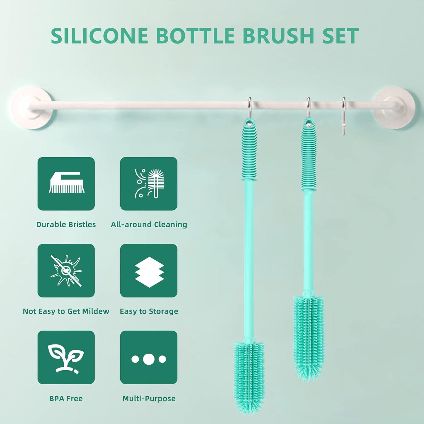 Silicone Bottle Cleaning Brush | 2 Pack| 15.7”+12.6” Water Bottle Brush Cleaner Brush for Hydro Flask,Glassware,Vacuum Sports Bottle&Vases,Water Bottle Cleaner Brush for Narrow Neck Containers
