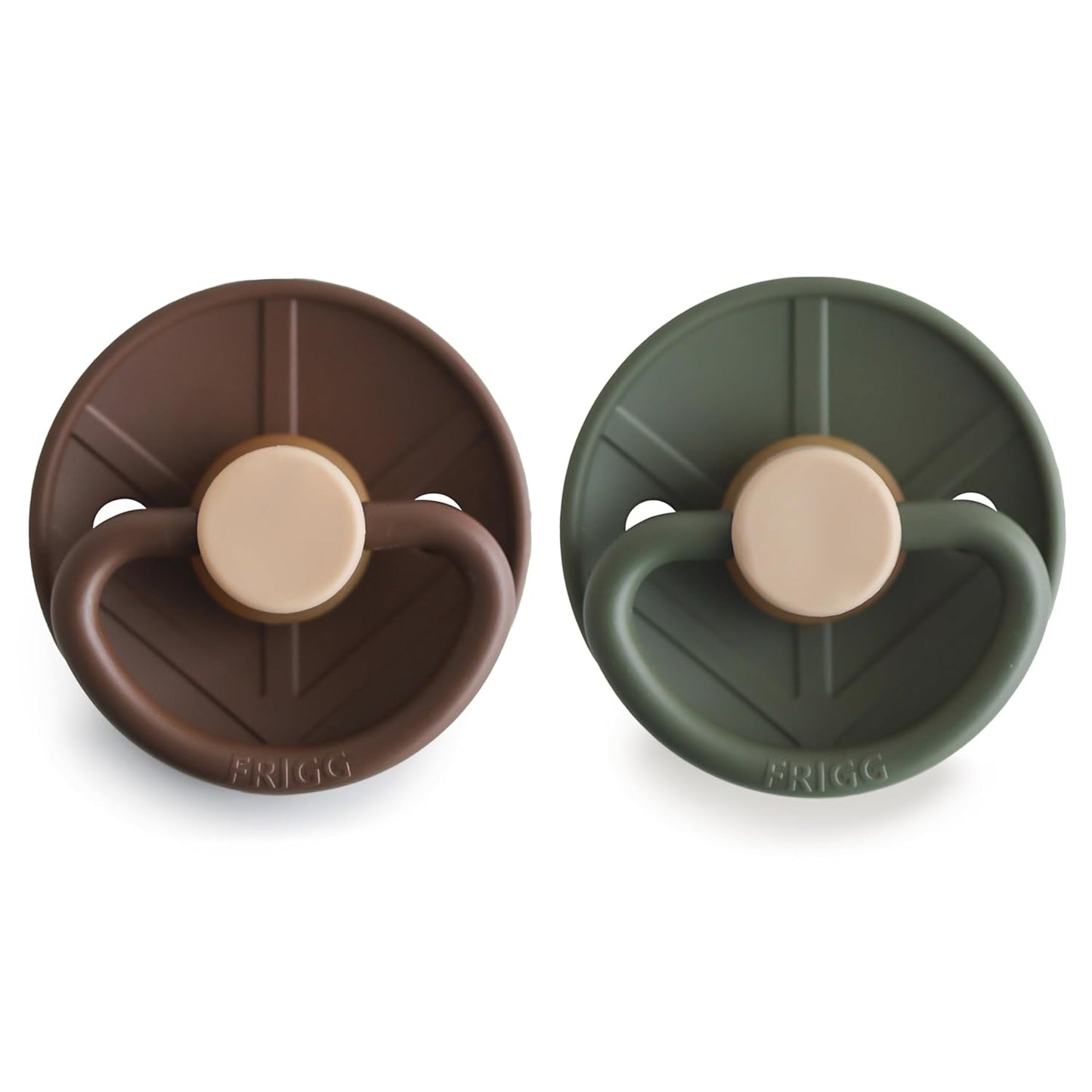FRIGG Little Viking Natural Rubber Baby Pacifier 2-Pack | Made in Denmark | BPA-Free (Cocoa/Olive, 0-6 Months)