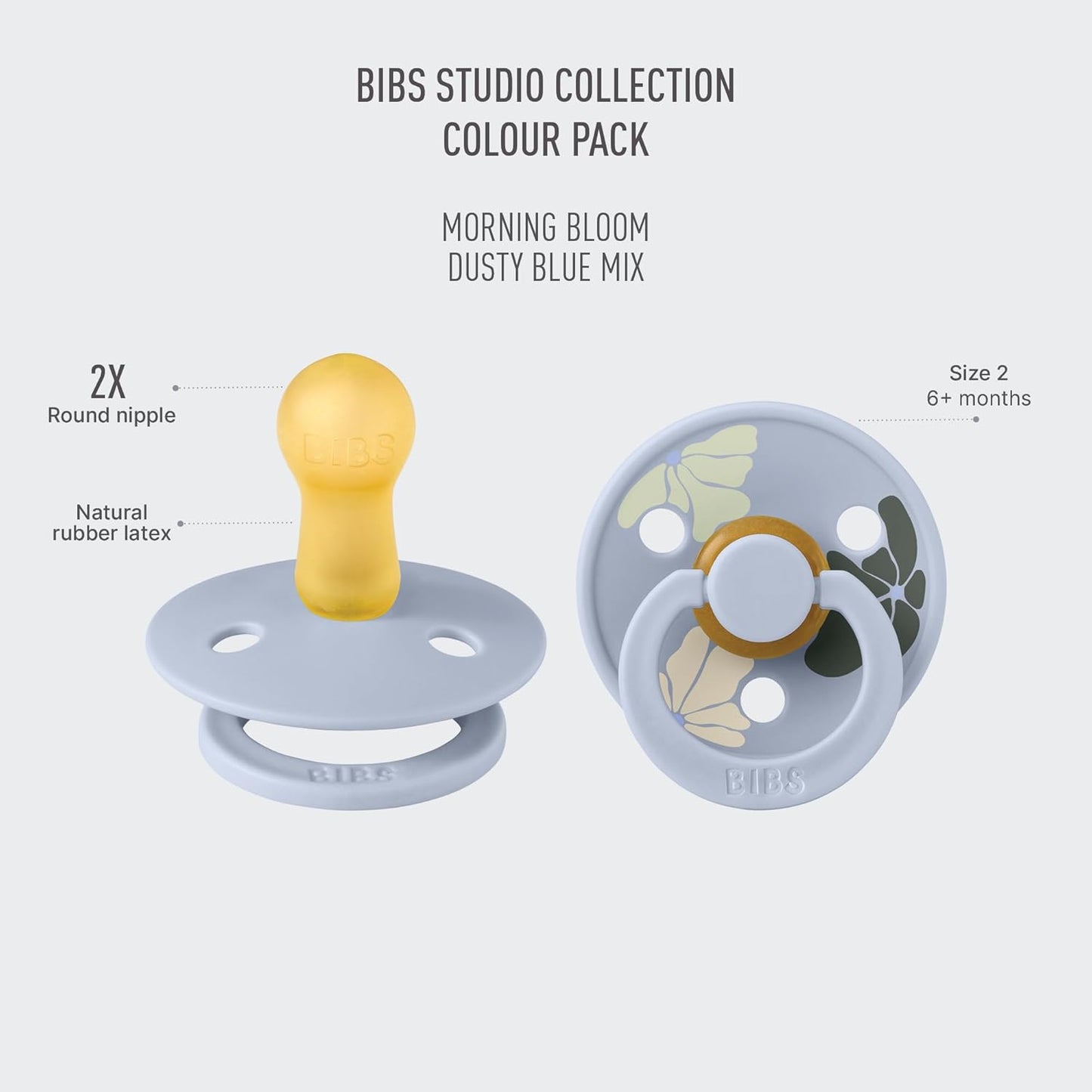 BIBS Pacifiers - Studio 2 Pack | Round Nipple Baby Pacifier | BPA Free Natural Rubber Latex Soother | Made in Denmark | Size 0+ Months | Morning Bloom Dusty Blue