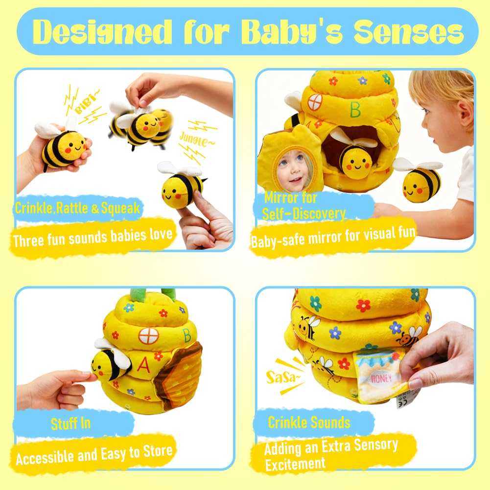 Bee Hive Baby Toys 6-12 Months, Soft Beehive with 5 Stuffed Bees, Crinkle, Rattles, Squeaker, Jingle Bells, Mirror, Montessori Toys Sensory Baby Shower Birthday Christmas Gift