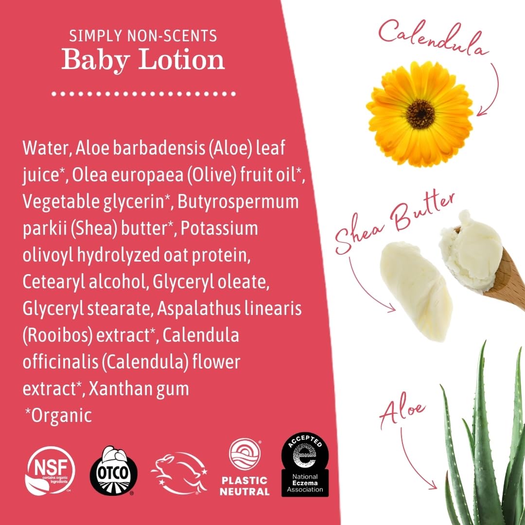 Earth Mama Simply Non-Scents Baby Lotion for Dry Skin, Calendula Cream, Skin Care for Kids, Organic Moisturizer, Unscented Lotion with Aloe, Rooibos, & Shea Butter, 8-Fl oz