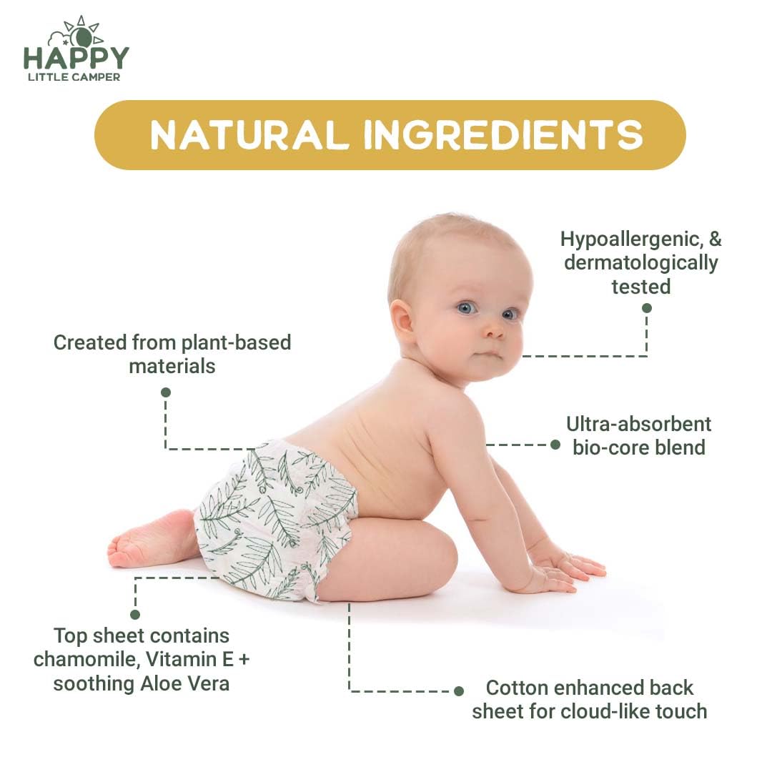 Happy Little Camper Ultra-Absorbent Natural Baby Diapers Size 3 - Hypoallergenic & Chlorine-Free Disposable Diaper Safe for Sensitive Skin - Unscented Crawler Diapers - 31 Count