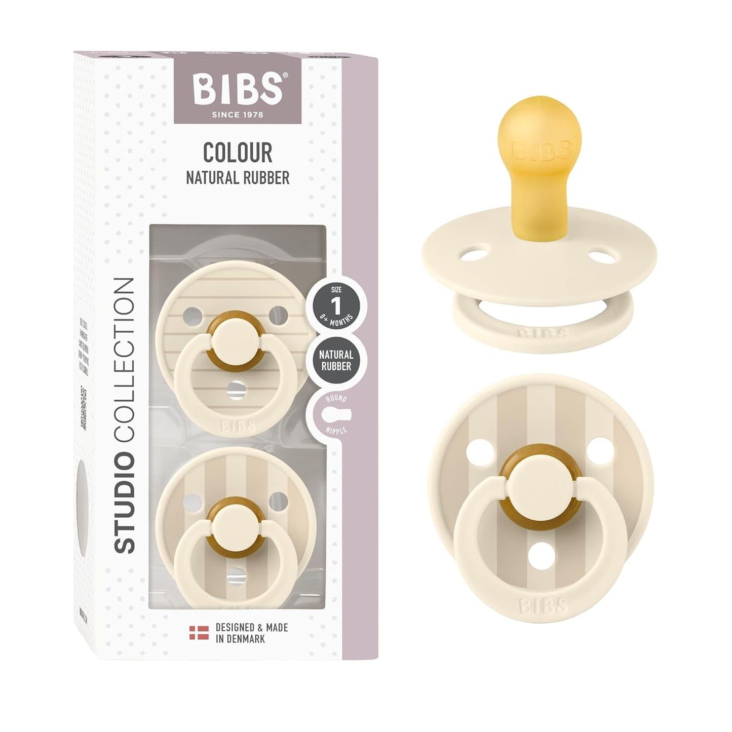 BIBS Pacifiers - Studio 2 Pack | Round Nipple Baby Pacifier | BPA Free Natural Rubber Latex Soother | Made in Denmark | Size 0+ Months | Pin Ivory Vanilla