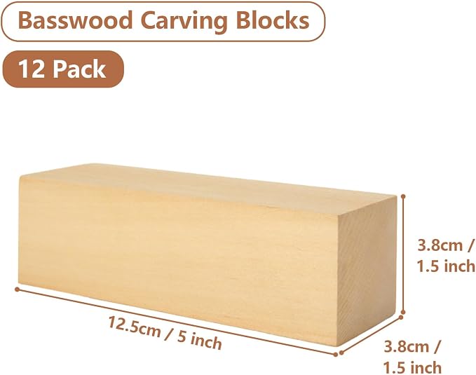 12 Pack Basswood Carving Blocks Set, 5 x 1.5 x 1.5 Inch Unfinished Wood Blocks