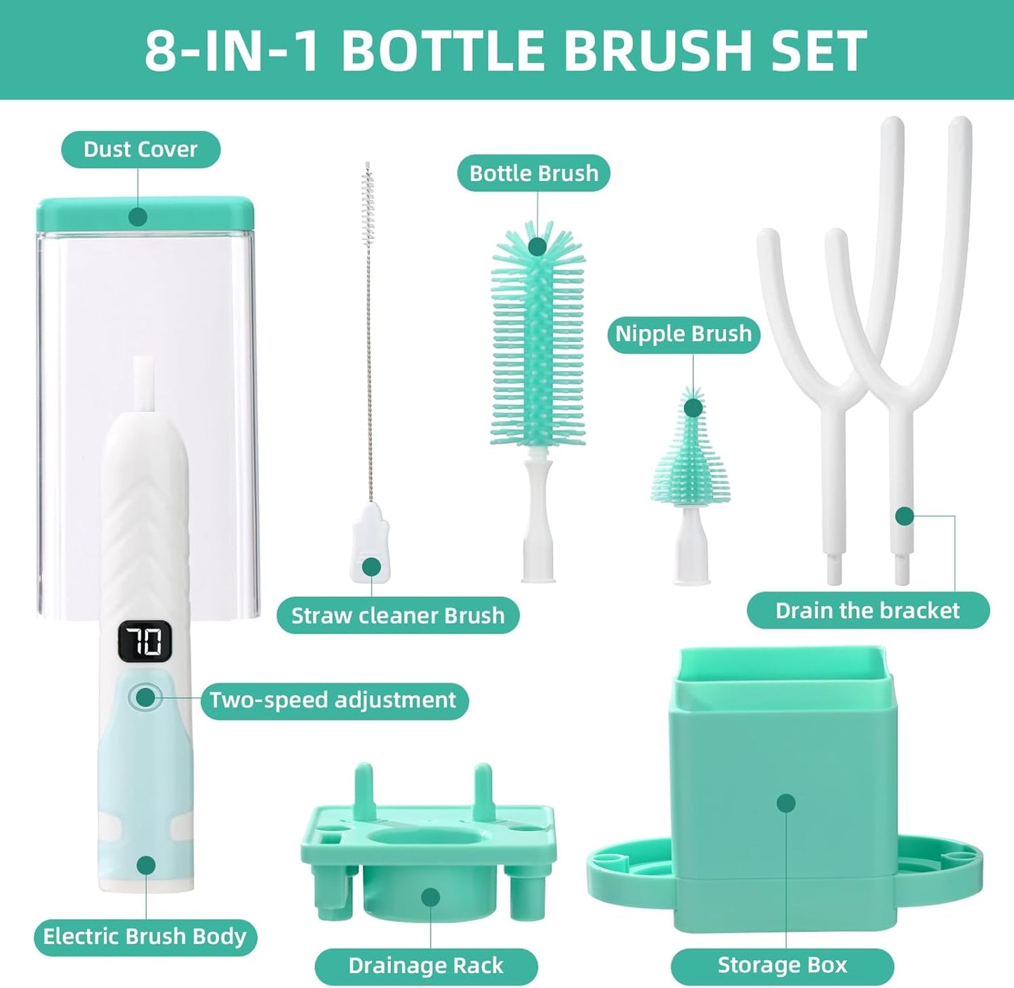 Electric Bottle Brush Cleaner,Electric Baby Bottle Brush Cleaner, Baby Bottle Washer,8 in 1Automatic Bottle Cleaner Brush Set (Green)