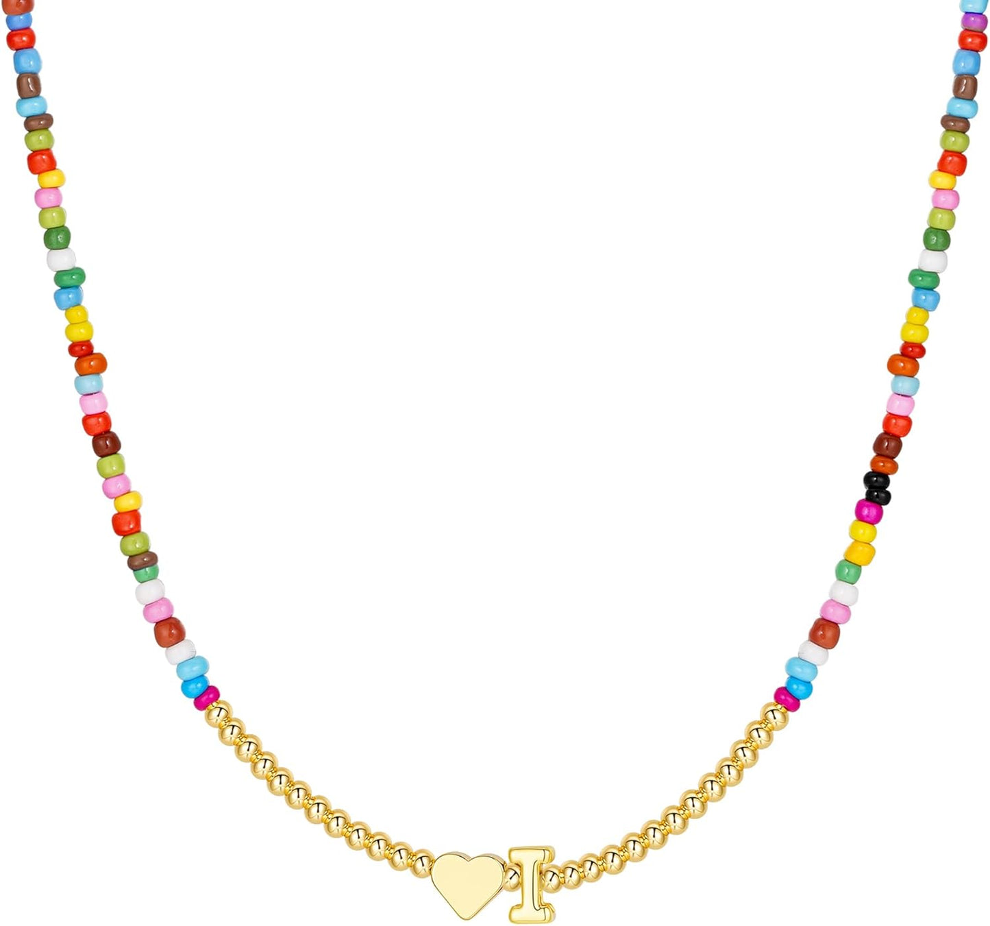 M MOOHAM Stocking Stuffers for Teen Girls Christmas Gifts - Heart Initial Necklaces for Women Kids Colorful Beaded Tiny Heart Initial Choker Necklace Jewelry for Teen Girls Trendy Birthday Gifts