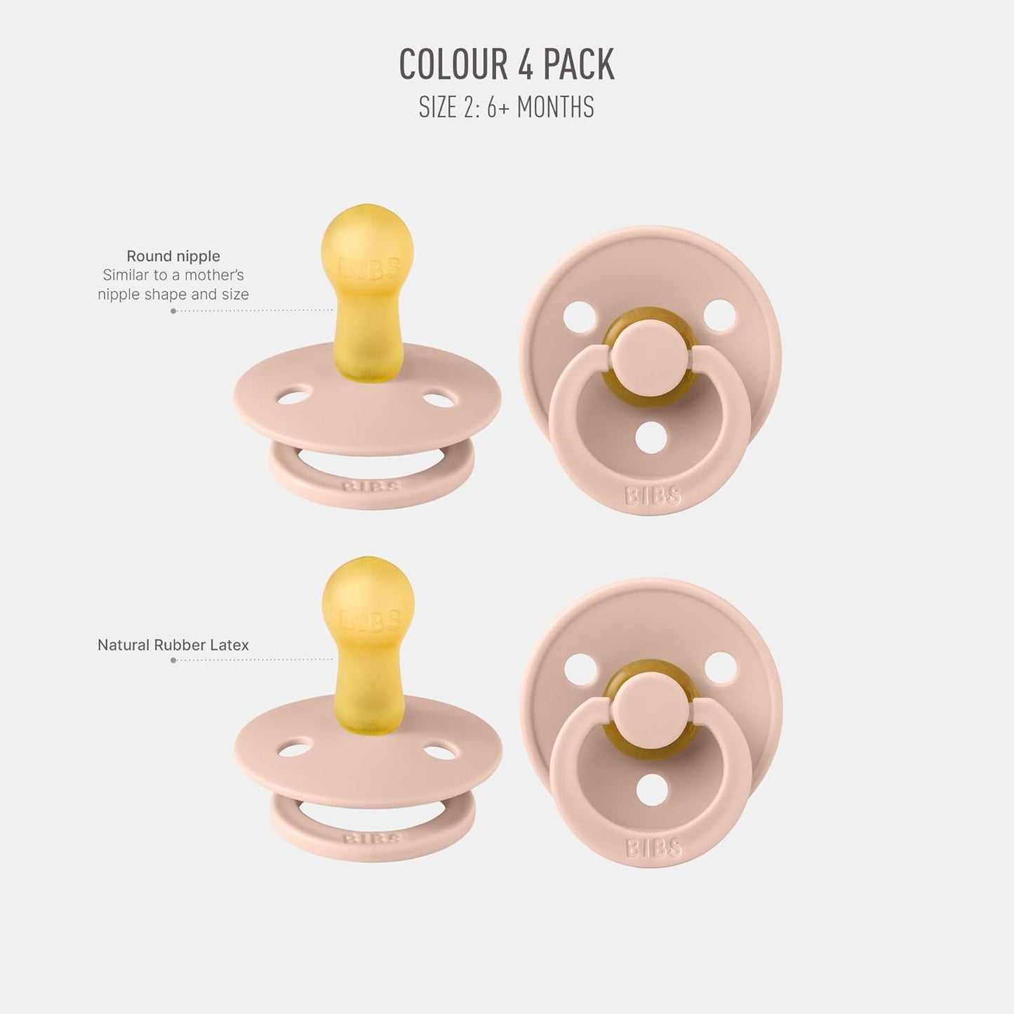 BIBS Pacifiers - Colour 4-Pack | BPA Free Baby Pacifier | Round Nipple Binkies | Natural Rubber Latex Soother | Made in Denmark | Size 6-18 Months | Blush