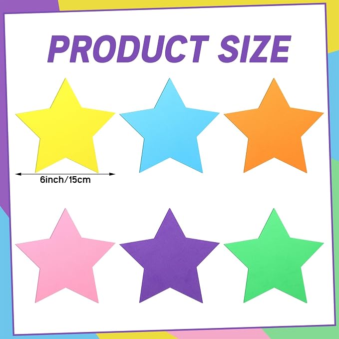 Ireer 48 Pcs Large Star Shaped Foam Cutouts 6 Inch Neon Bulletin Board Decor