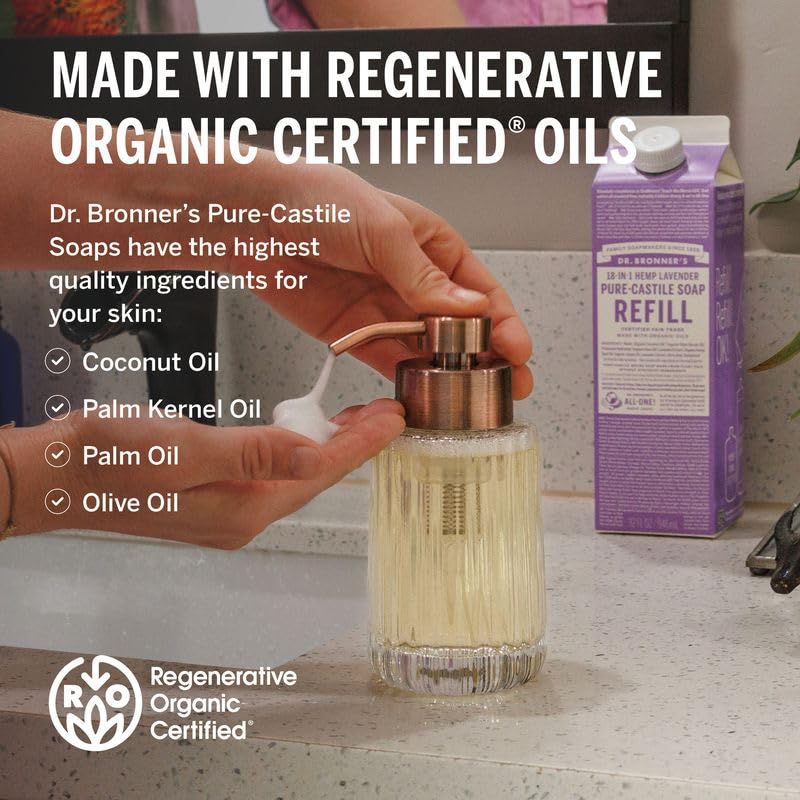 Dr. Bronner's Pure-Castile Liquid Magic Soap Bottle & Refill Carton - Made with Regenerative Organic Certified Oils, 86% Less Plastic per Quart - For Face, Body Wash, Hand Soap Refill- Lavender, 32oz