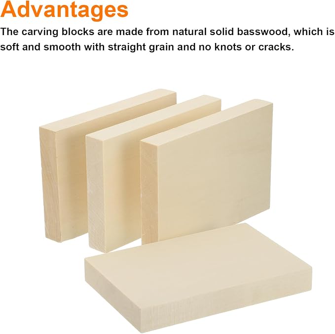 MECCANIXITY 4Pcs Basswood Carving Block, 0.8"x4"x6" Square Wooden Dowels Blocks