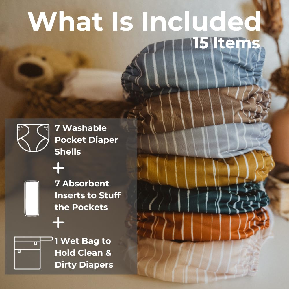 Nora's Nursery Cloth Diapers 7 Pack with 7 Inserts & 1 Wet Bag - Waterproof Cover, Washable, Reusable & One Size Adjustable Pocket Diapers for Newborns and Toddlers - Cali Coastal