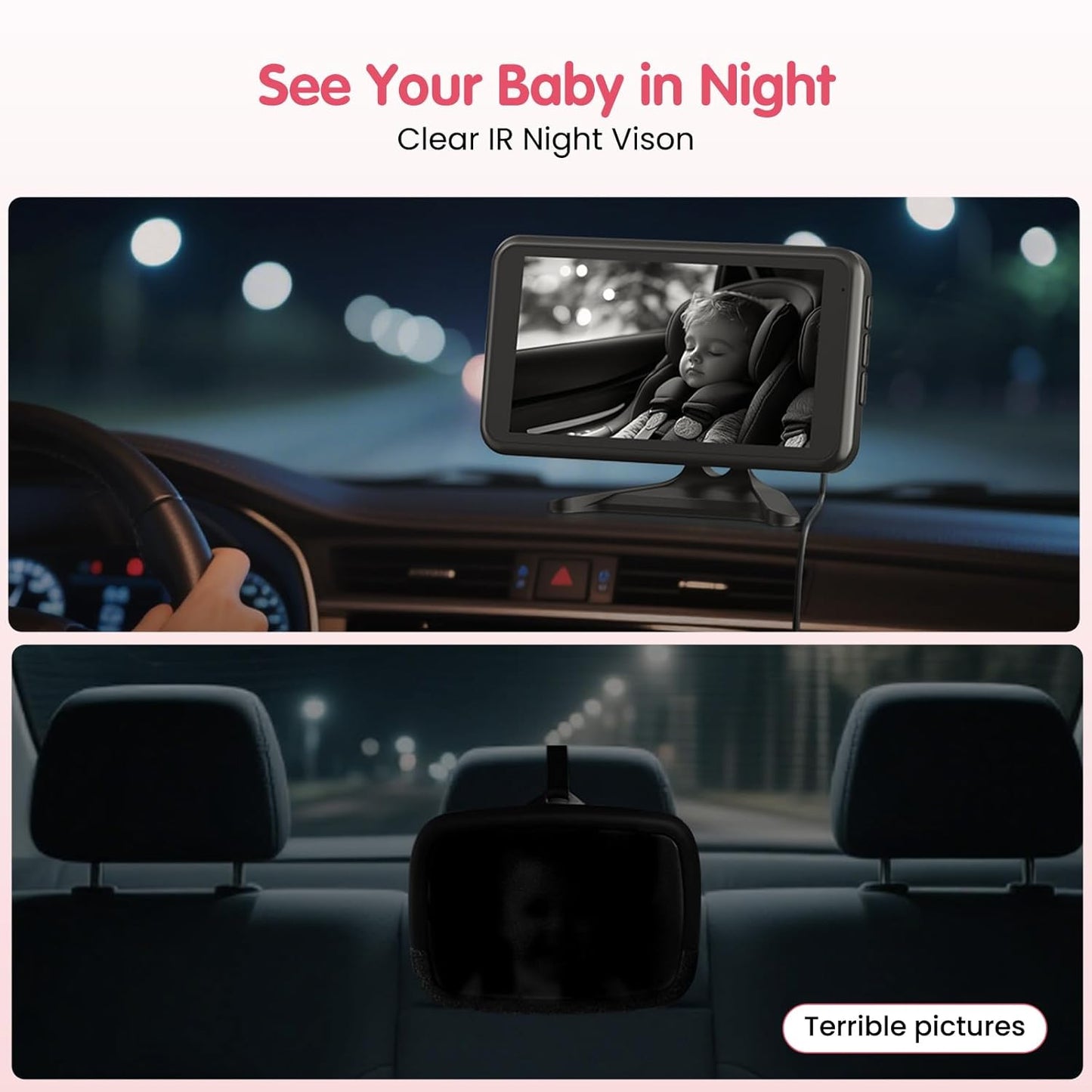 BM2A Baby Car Camera – 3X Zoom to See Baby Clearly, 5.2" 1080P Display & Auto IR Night Vision, Rear-Facing View Monitor, Easy Install for Parents & Pet Owners