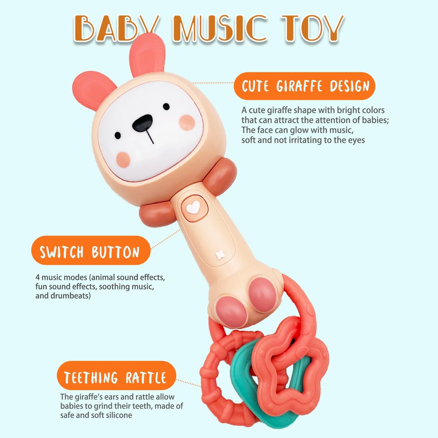 Soft Pink Bunny Baby Musical Rattle Toy - Light-Up Teether & Sensory Chew, BPA-Free Soft Rubber, Baby Shower & 1st Birthday Gift for 6-18 Months 1+ Year Old