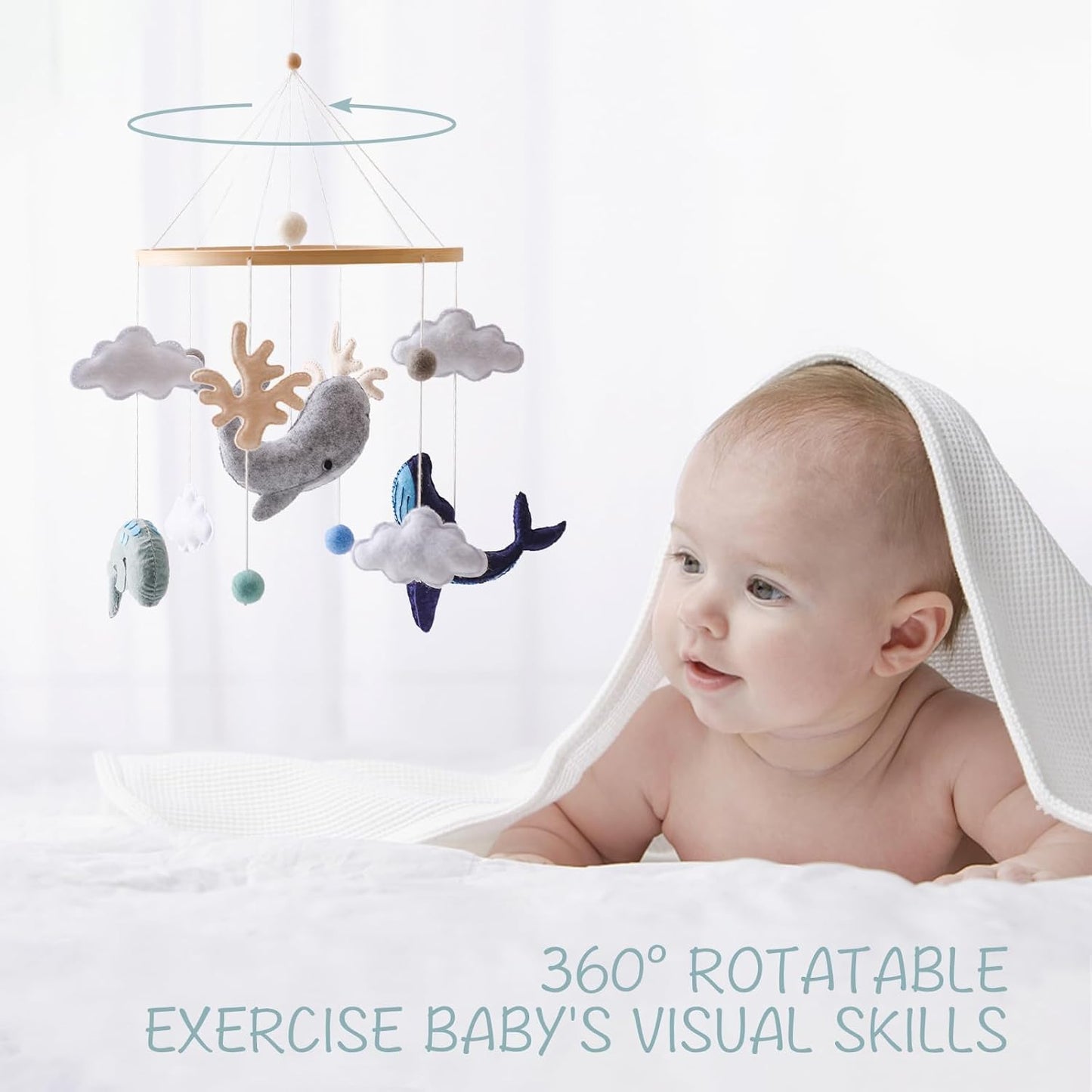 Montessori Baby Mobile for Crib Ocean Animals Crib Mobile Woodland Nursery Decor Soothe Toys for Ceiling Hanging Felt Ball Sea Blue Whale, White Clouds Baby Shower for Boys Girls Gifts