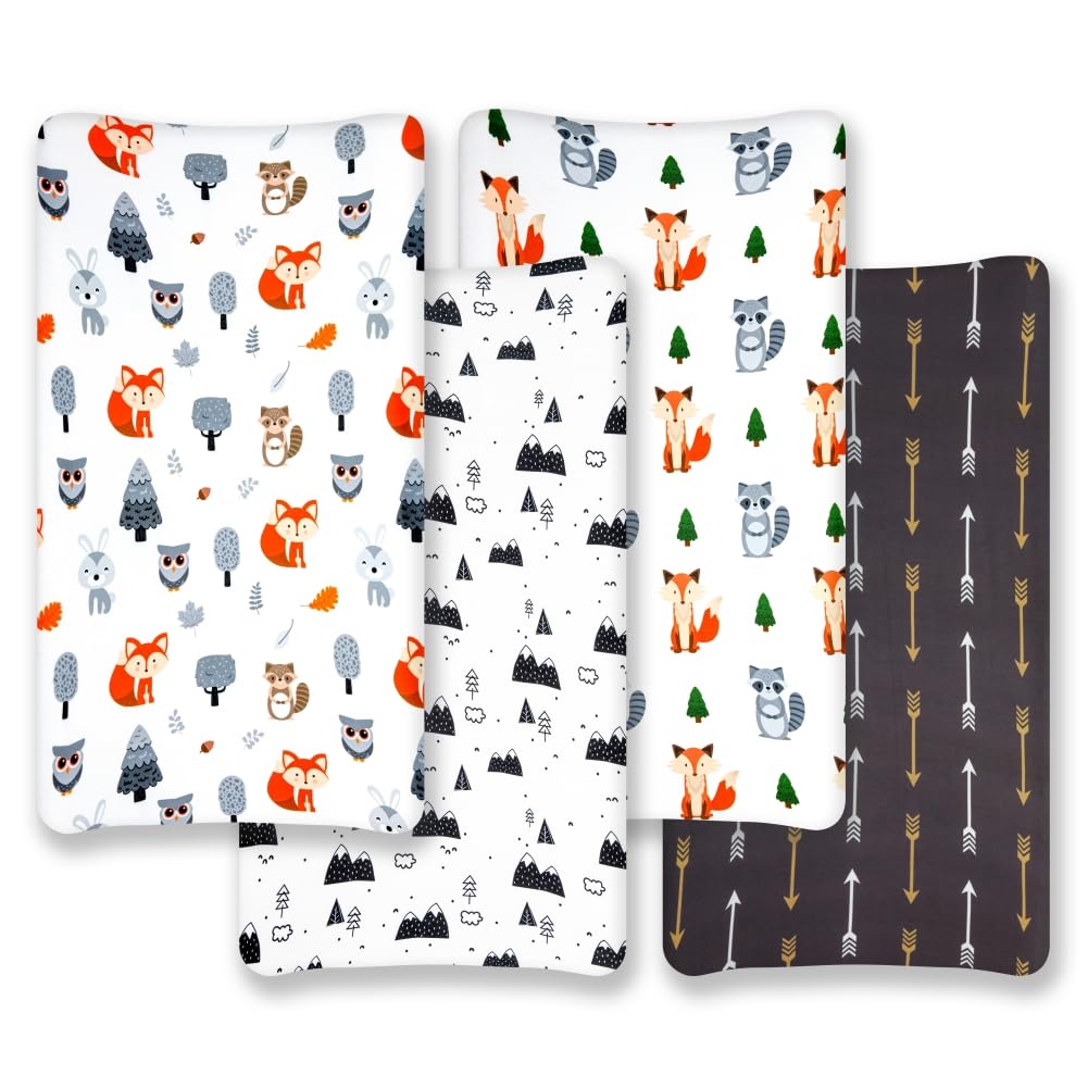 4 Pack Changing Pad Covers Woodland Forest Animals Wood Neutral Unisex Fitted Baby Changing Pad Cover Set for Baby Boys or Girls