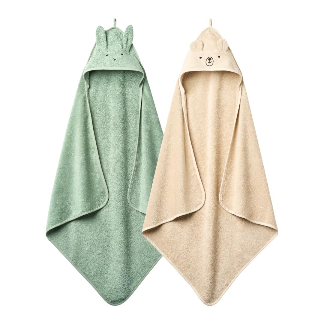 Baby Hooded Towel – Organic Cotton Baby Bath Towels, 32" x 32" Super-Soft and Absorbent Baby Towels for Newborn 2-Pack (TW Bear Fog/R. Roman Green)