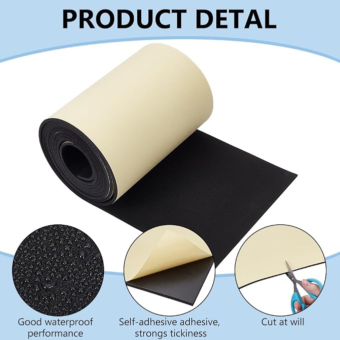 BENECREAT 118x8 Inch Black Self Adhesive EVA Foam Roll, 4mm Thick Waterproof