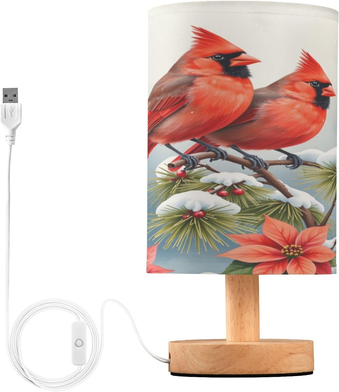 Christmas Flowers Winter Cardinals Table Lamp Bedroom Bedside Night Reading Desk Lamps Cylinder Nightstand Sleeping Light Lamp for Xmas Party Living Room Office Decor