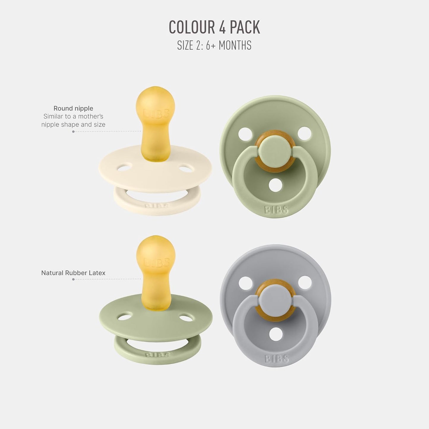 BIBS Colour Soother 4-Pack | BPA Free Dummy Pacifier | Round Nipple | Natural Rubber Latex | Made in Denmark | Size 6-18 Months | Sage Mix